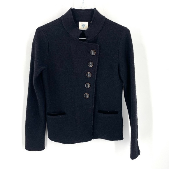 ANTHROPOLOGIE HRW Black Wool Button Front Old Military Style Fitted Jacket Coat - Picture 2 of 8